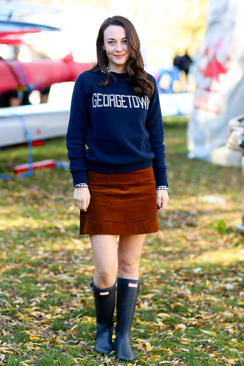 Connecticut style blogger Carly Heitlinger wears a Georgetown sweater from Hilflint to the Head of the Charles.