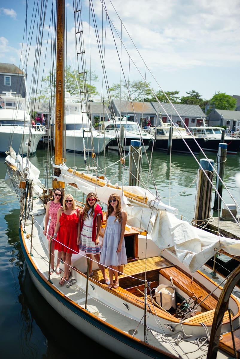 blogger carly riordan shares what to do in nantucket including Nantucket Charter Sailboat with chassity evans, julia berolzheimer, and gray benko