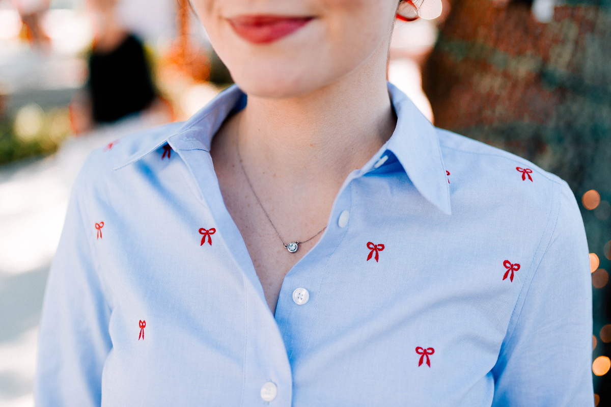 Embroidered Bow Button Down