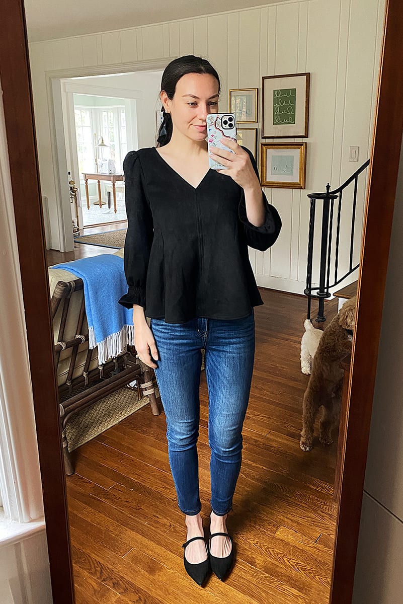 Carly the prepster week of outfits - black blouse and jeans