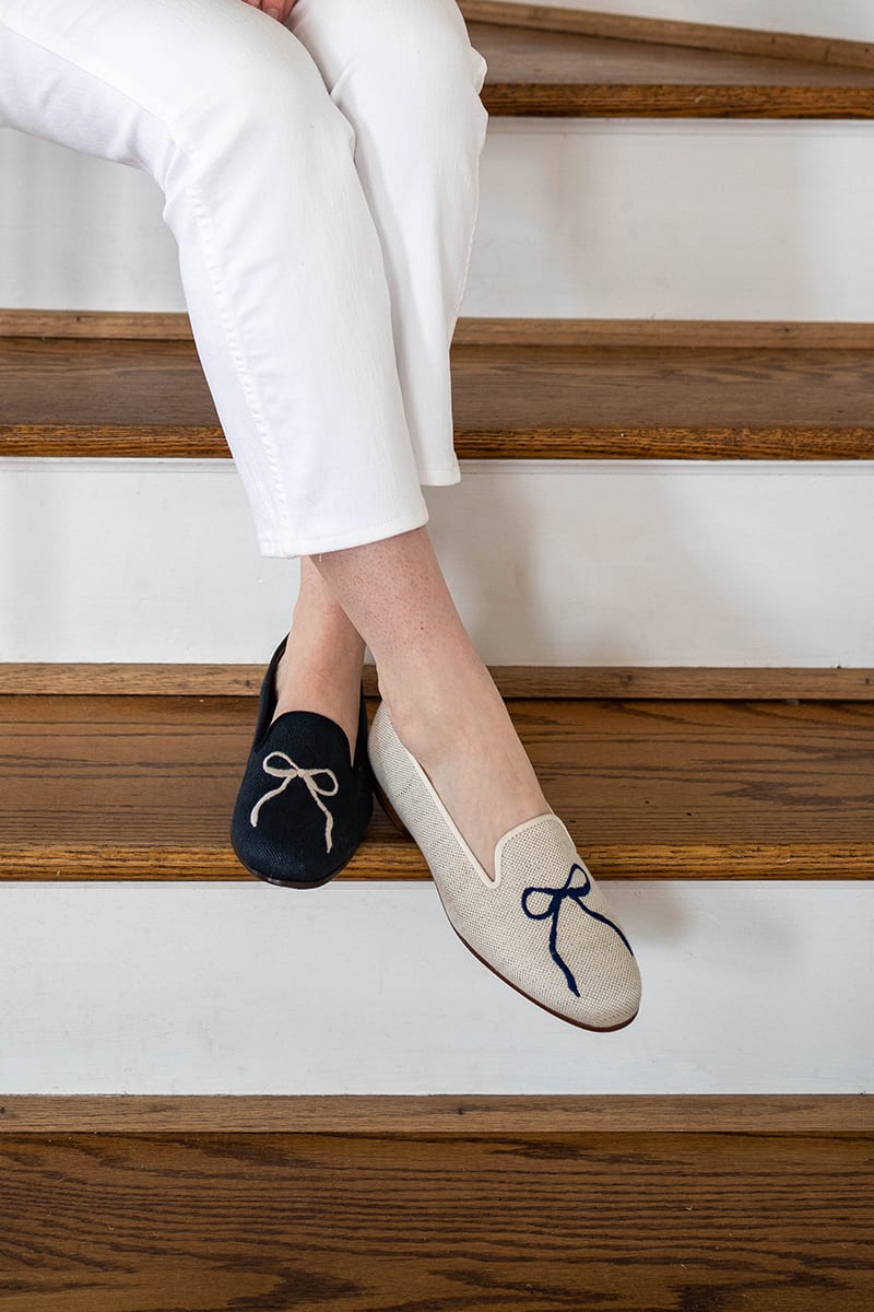 flax and navy bow slippers