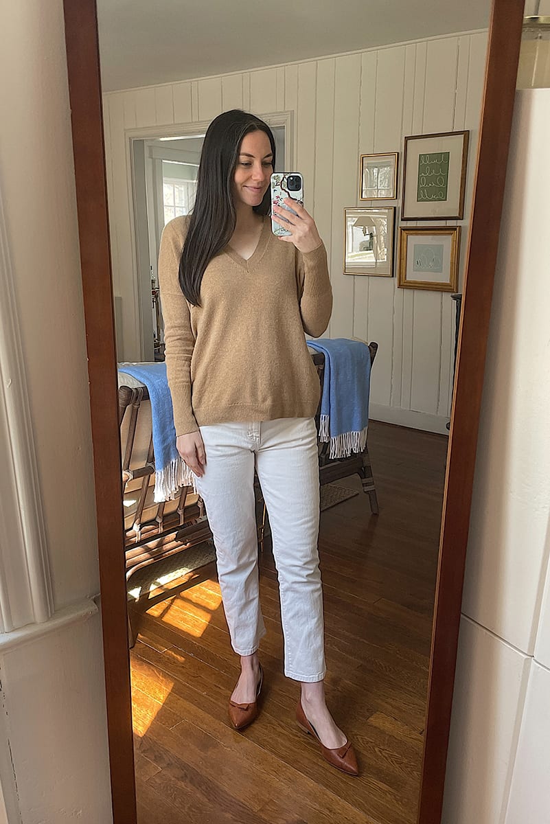 v-neck sweater and white jeans
