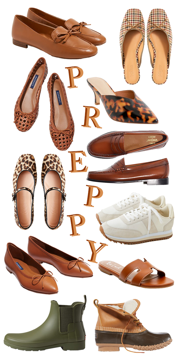 Preppy fall shoes, like loafers with bows, ballet flats, tweed mules, and bean boots.