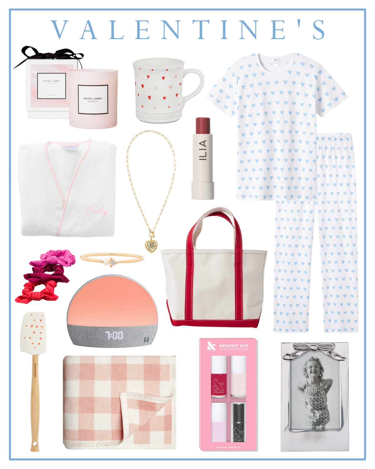 valentine's day gift ideas for her from hotel lobby candle, ilia, lake pajamas, weezie towels, llbean, hatch, chappywrap, olive and june, hart jewelry, mariposa, le creuset, and catbird
