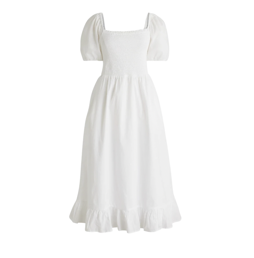 J.Crew Factory Smocked puff-sleeve midi white dress