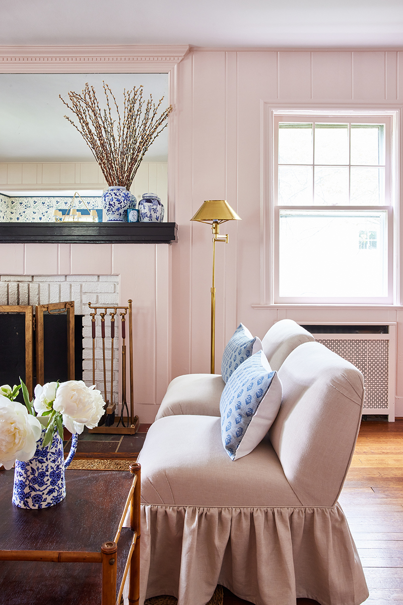grandmillennial style living room for carly riordan by jennifer muirhead interiors featuring calamine by farrow and ball and rush house original rug