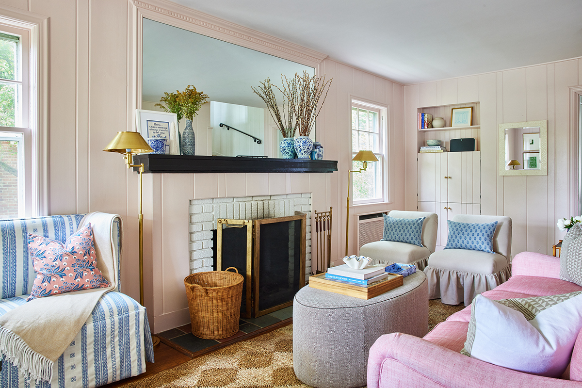 grandmillennial style living room for carly riordan by jennifer muirhead interiors featuring calamine by farrow and ball, henriette in terracotta pillows, and rush house original rug