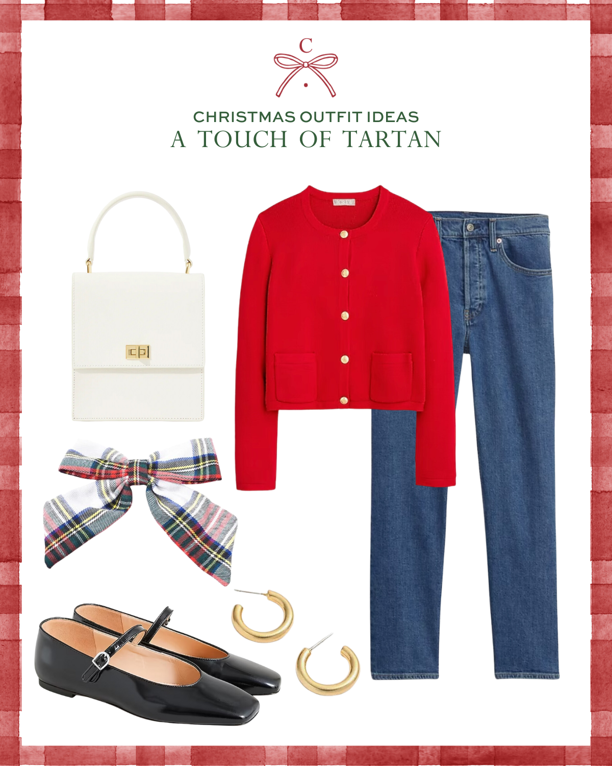 Christmas outfit ideas including J.Crew Emilie Patch-Pocket Sweater Lady Jacket, Neely & Chloe 19 The Mini Lady Bag, Gap High Rise Cheeky Straight Jeans, J.Crew Anya Mary Jane Flats, and Madewell Chunky Small Hoop Earrings