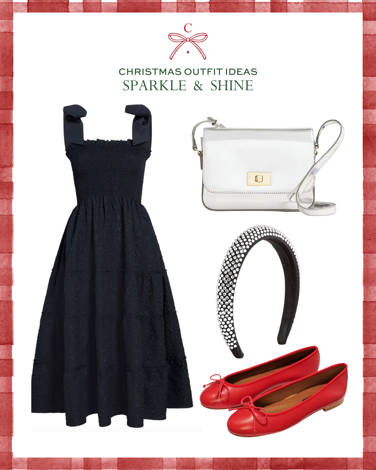 Christmas outfit ideas including Hill House Home Ribbon Ellie Nap Dress, Margaux Demi Ballet Flats, J.Crew Rhinestone-Studded Headband, and J.Crew Edie Leather Bag