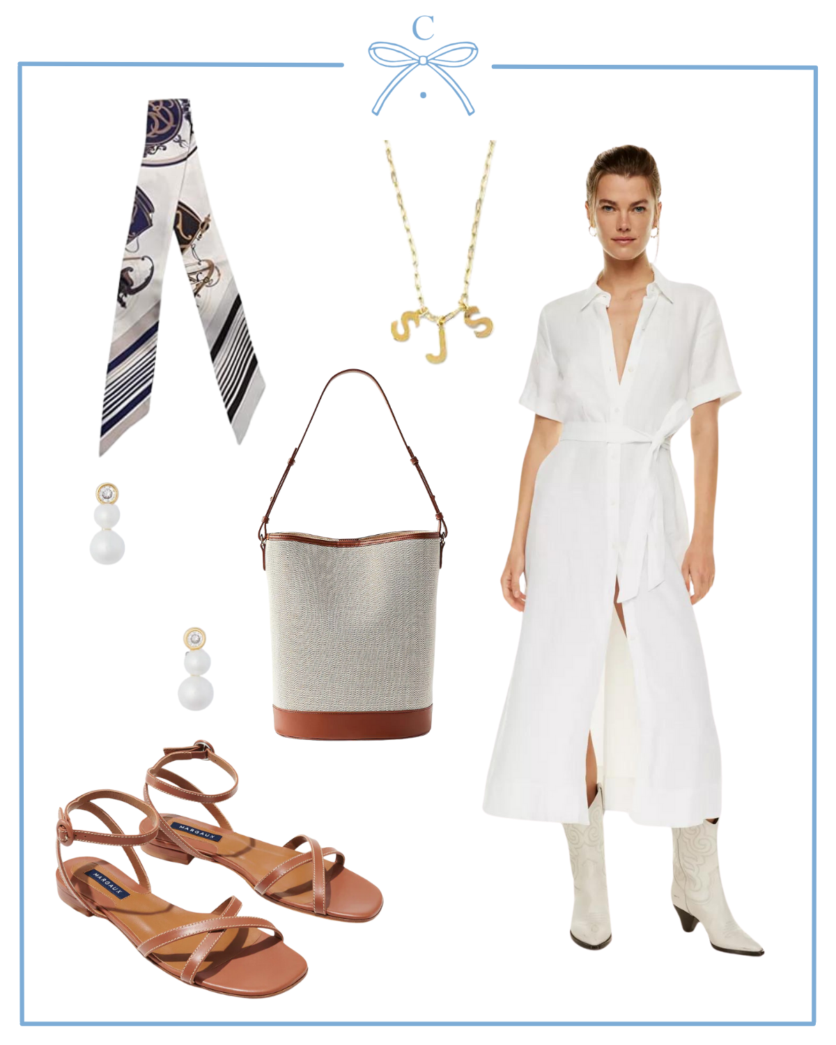 aritzia wilfred eleta linen dress, paravel dupe loft faux leather and canvas bucket bag, hart jewelry initial charm necklace, margaux flat sandal, amazon hair scarf, and tuckernuck double pearl mini studs