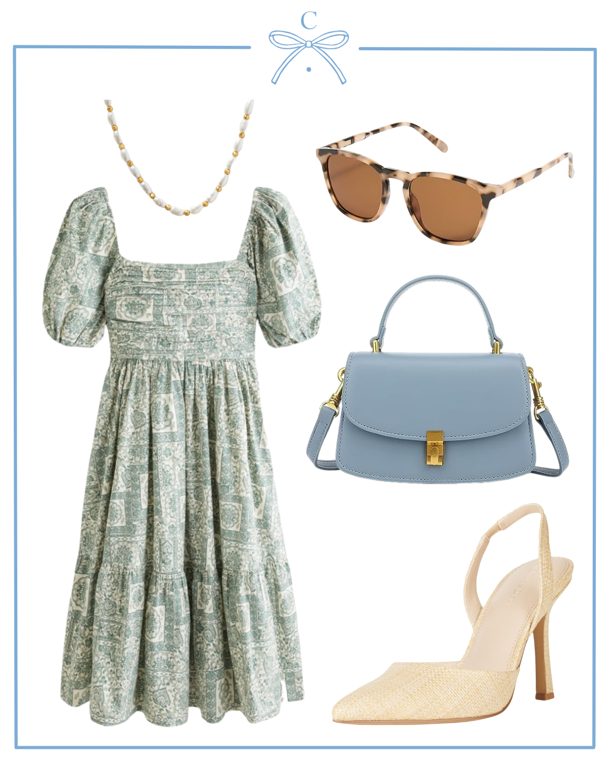 spring outfit ideas with quince pearl necklace, abercrombie emerson poplin puff sleeve midi dress, j.crew factory sunglasses, and amazon blue handbag and raffia slingback heels