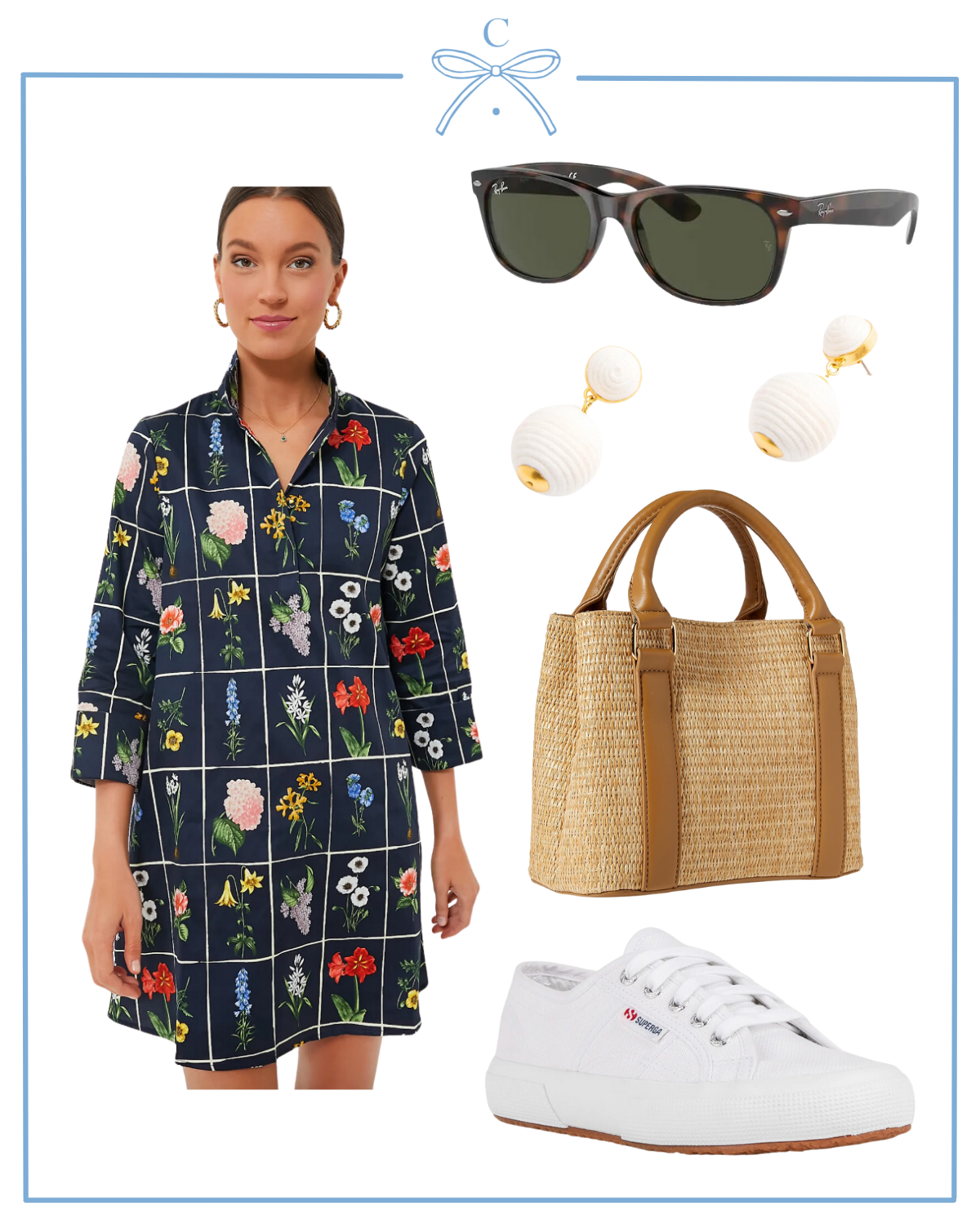 spring outfit ideas with tuckernuck navy fresh buds megan dress, ray-ban new wayfarer sunglasses, straw amazon bag, superga cotu sneakers, and tuckernuck petite lantern earrings