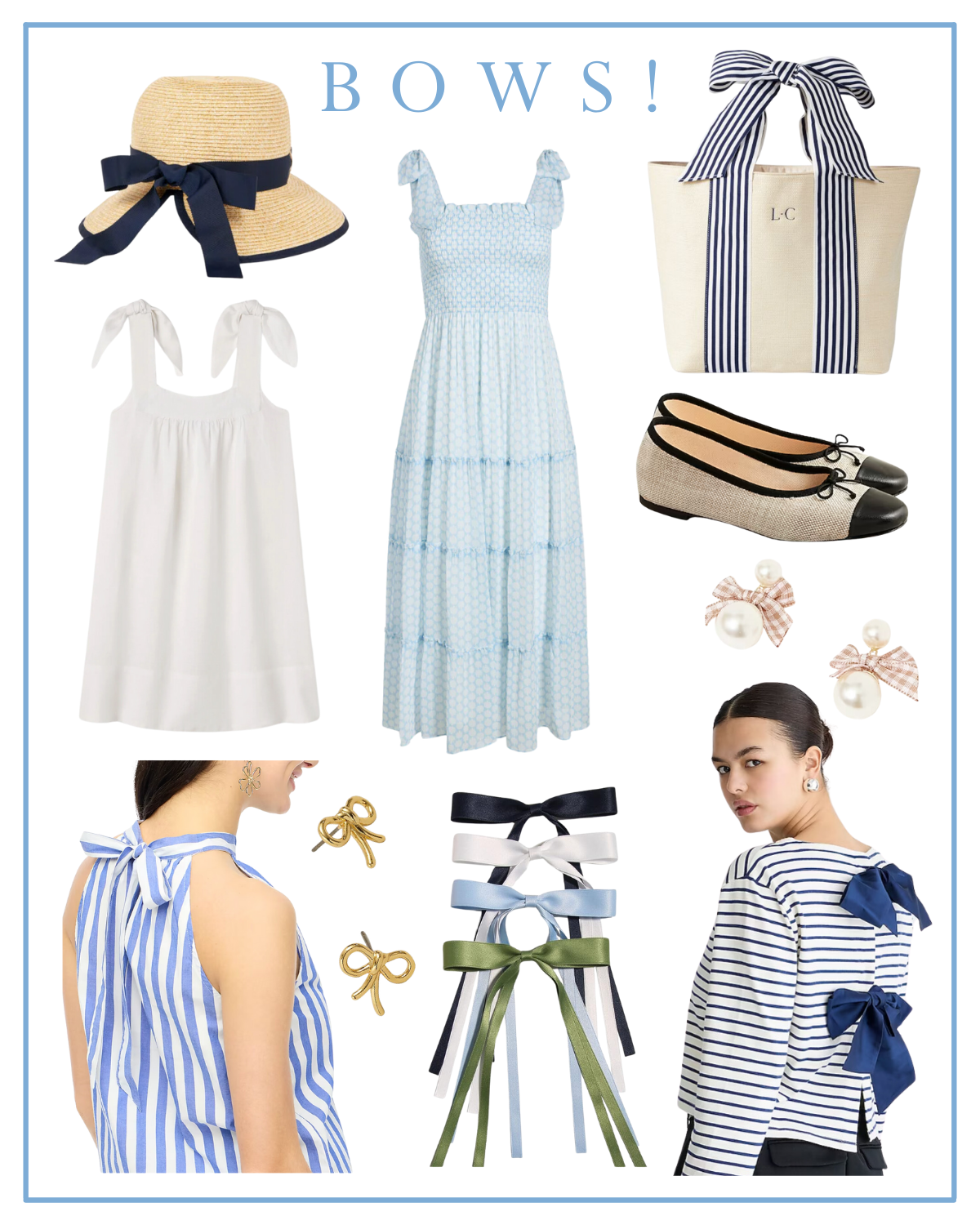 the bow trend: packable talbots sun hat, hill house home nap dress, mark & graham monogrammed tote, j.crew cap toe ballet flats, j.crew factory striped halter top, madewell gold studs, amazon bow clips, and j.crew striped shirt with bows