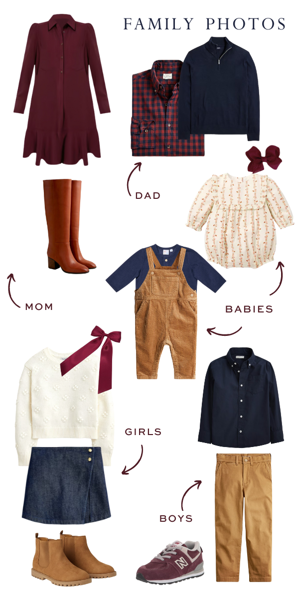 A collage of outfits for the whole family for fall photo shoots.