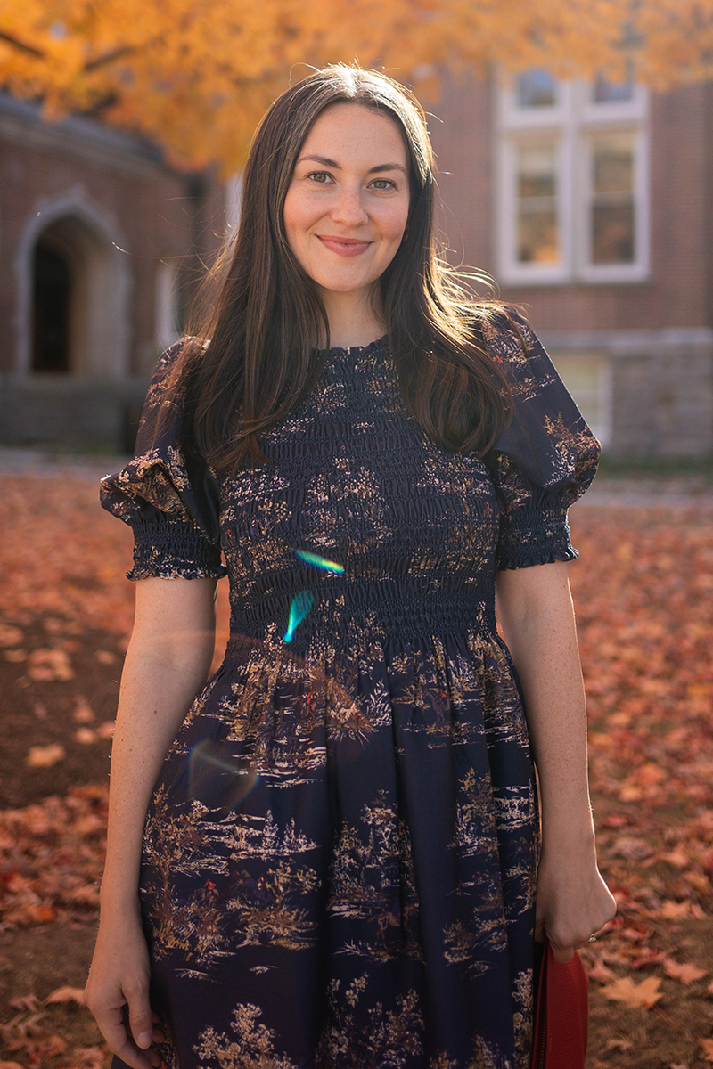 Carly Riordan wearing a Vivi nap dress with a fall toile print