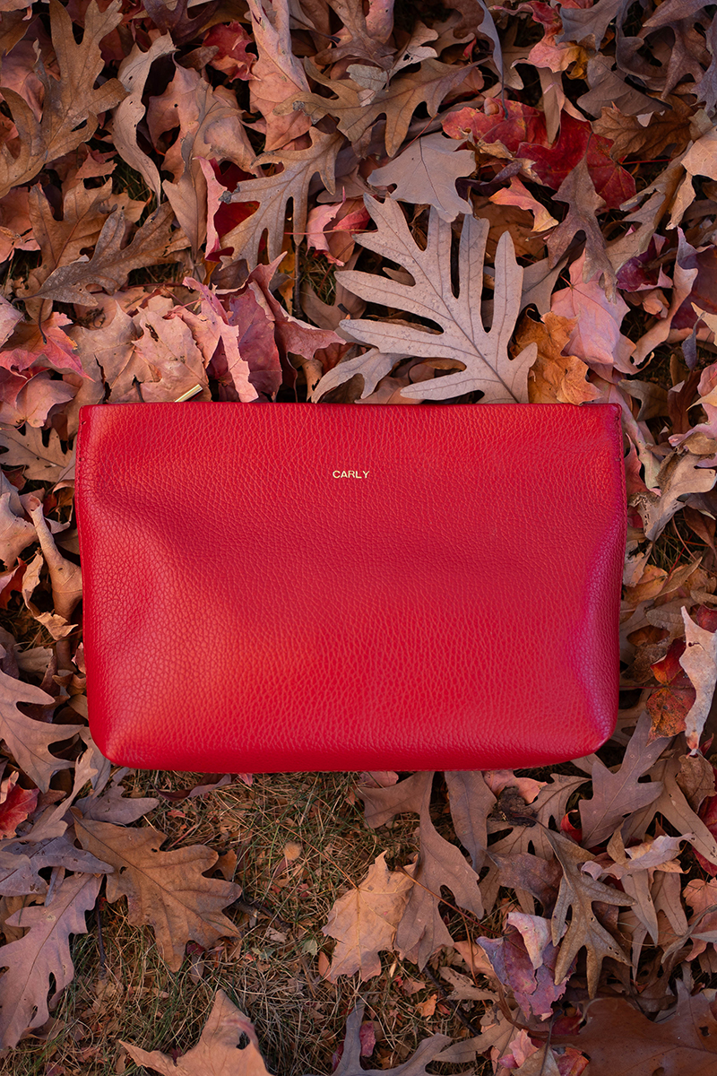 A red Cuyana small zipper pouch on a pile of leaves