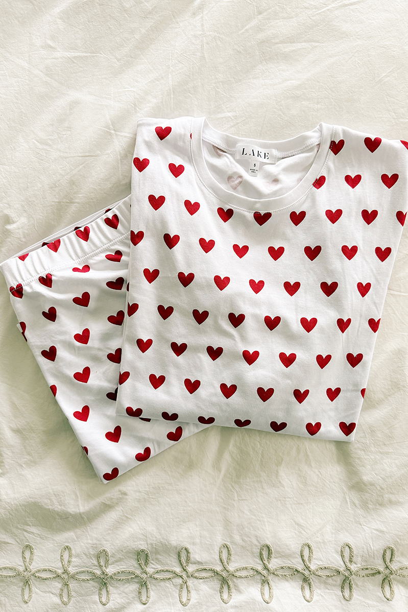 White Lake Pajamas with hearts on a bed